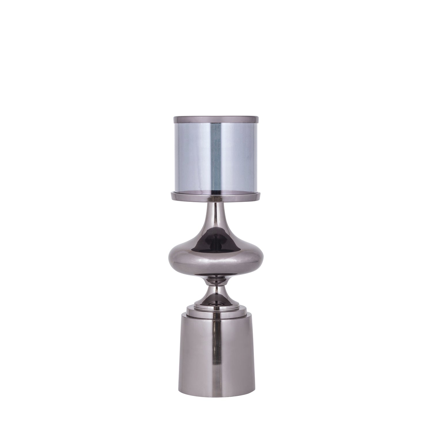 Windlicht Uvira Gunmetal Small van PTMD, aluminium met grijze gunmetal luster, op witte achtergrond