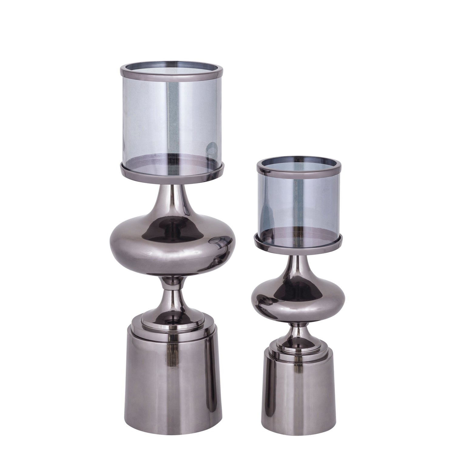 Windlicht Uvira Gunmetal Small van PTMD, zijaanzicht met zicht op de koele lusterglans