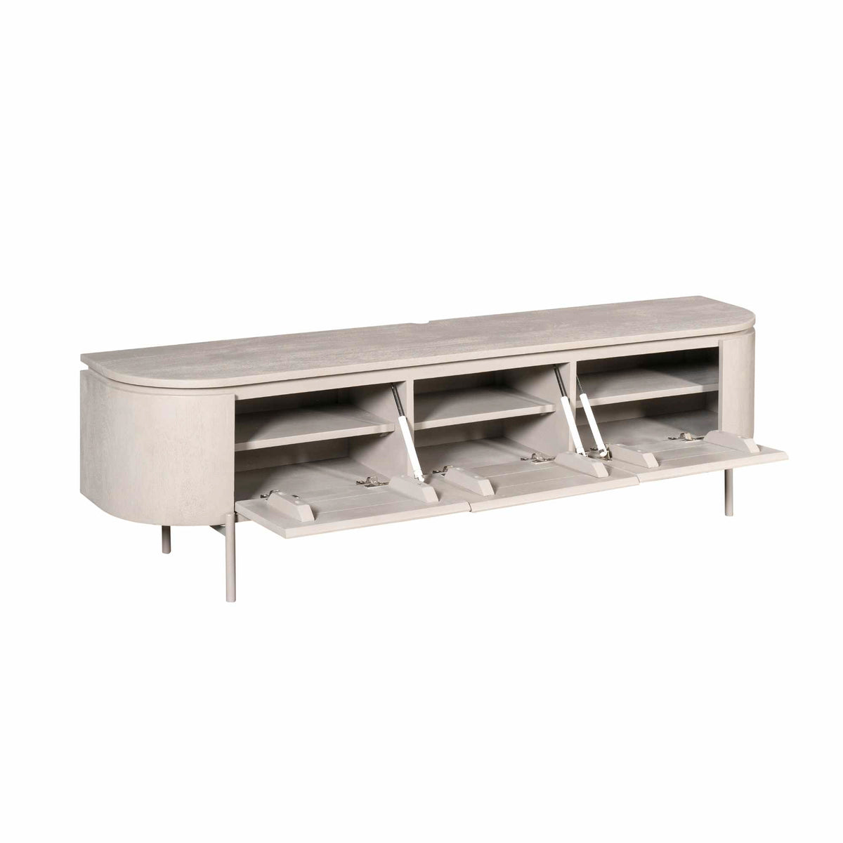 Zwevend TV-meubel Excellent Taupe 160cm van Starfurn met geopende klepdeuren en legplank