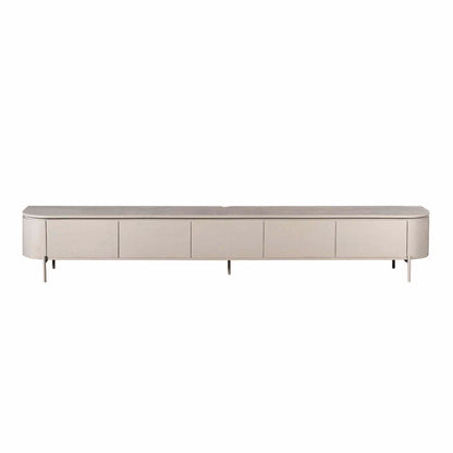 Zwevend TV-meubel Excellent Taupe 280cm van Starfurn op metalen pootjes, vooraanzicht